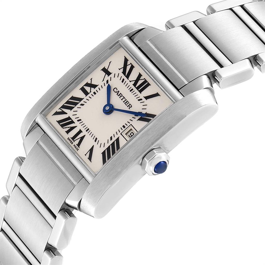 The image shows a close-up, angled view of the Cartier Tank Francaise W51011Q3 Women
s Stainless Steel Silver Dial W51011Q3 Women
s Stainless Steel Silver Dial watch, highlighting its rectangular face, Roman numerals, blue hands, and stainless steel bracelet.