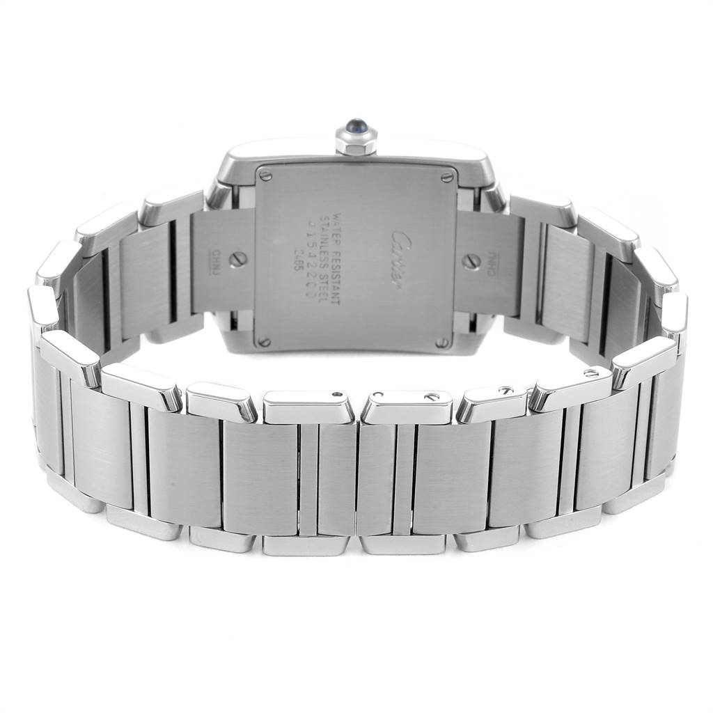 This image shows the back view of a Cartier Tank Francaise W51011Q3 Women
s Stainless Steel Silver Dial W51011Q3 Women
s Stainless Steel Silver Dial watch, focusing on its bracelet and case back.