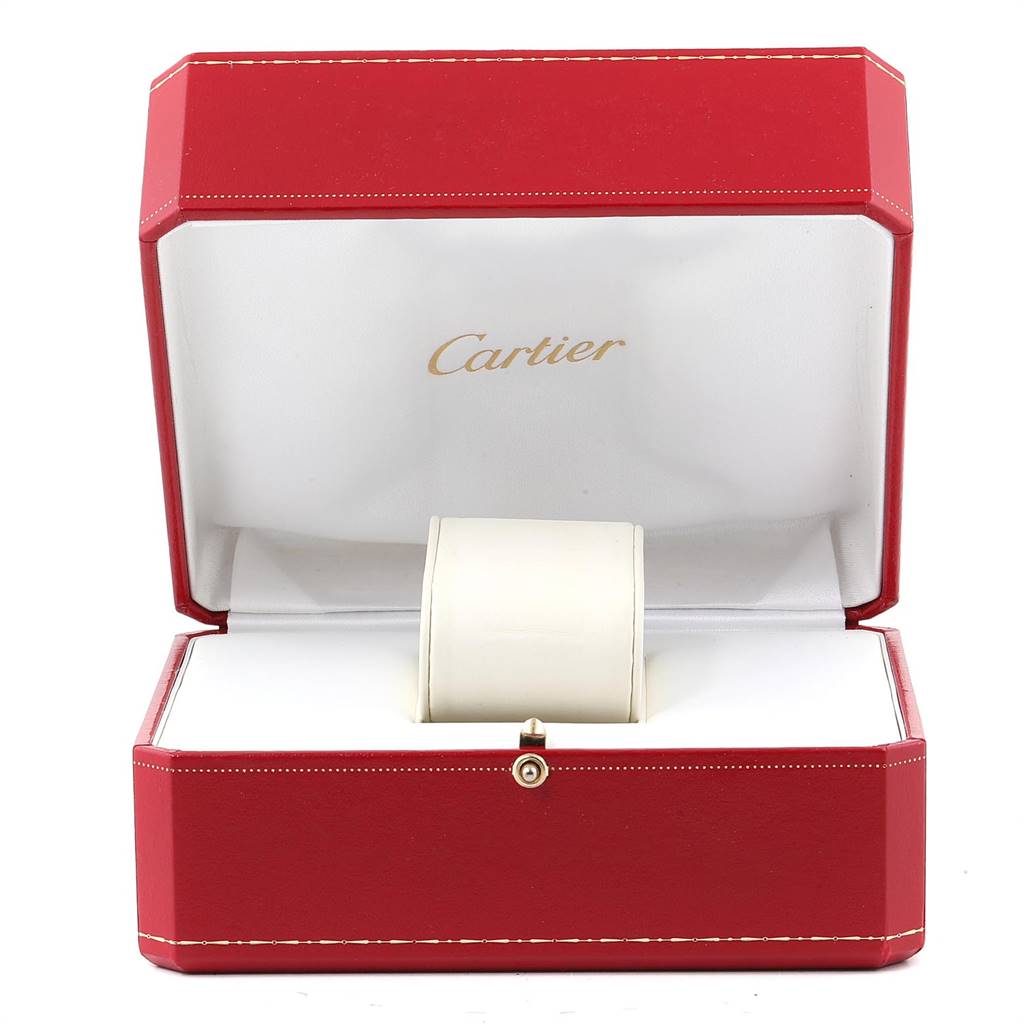 The image shows an open red Cartier box containing a display cushion for a Tank Francaise model watch.