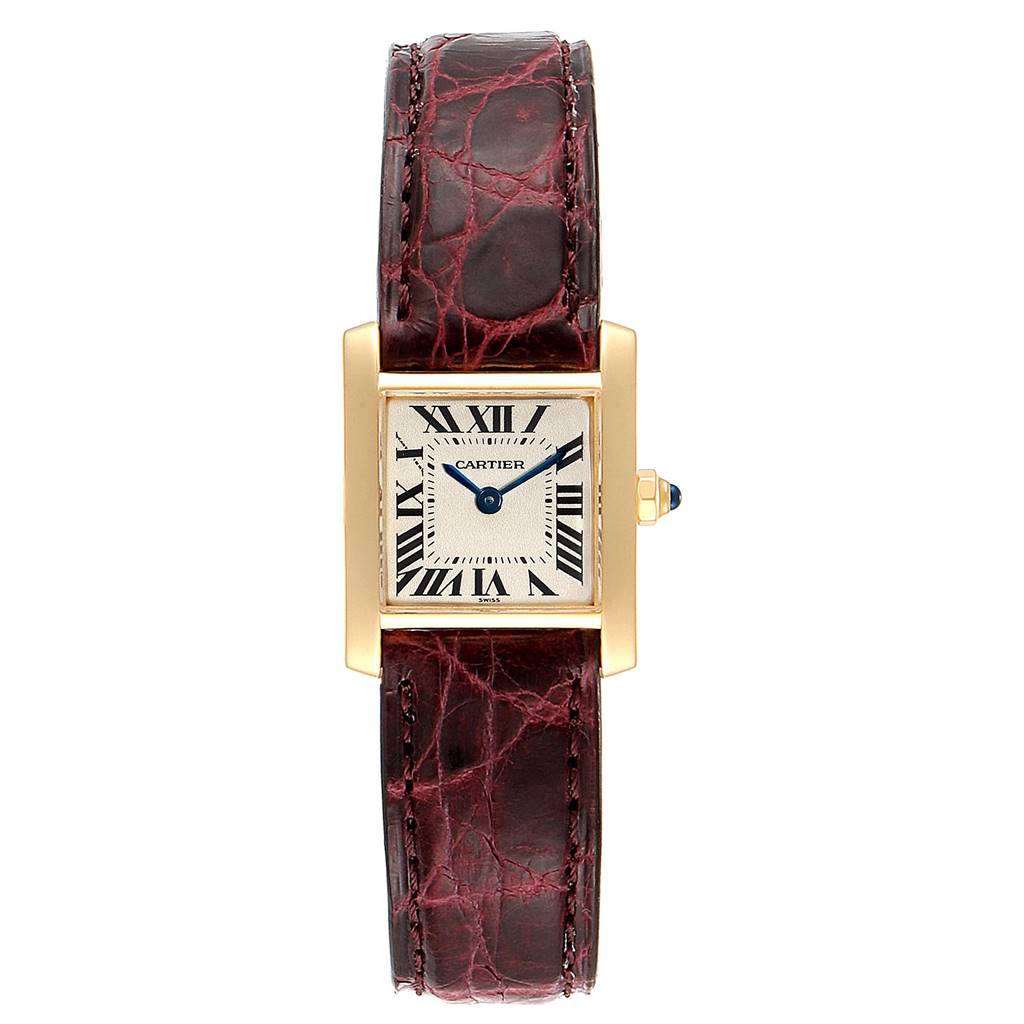The image shows a front view of a Cartier Tank Francaise W50002N2 Women's Yellow Gold Silver Dial W50002N2 Women's Yellow Gold Silver Dial watch, highlighting its gold case, Roman numeral dial, and brown leather strap.