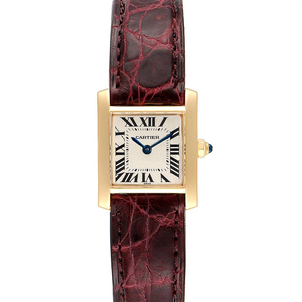 This image shows a frontal view of a Cartier Tank Francaise W50002N2 Women's Yellow Gold Silver Dial W50002N2 Women's Yellow Gold Silver Dial watch, highlighting its gold case, white dial, Roman numerals, blue hands, and brown leather strap.