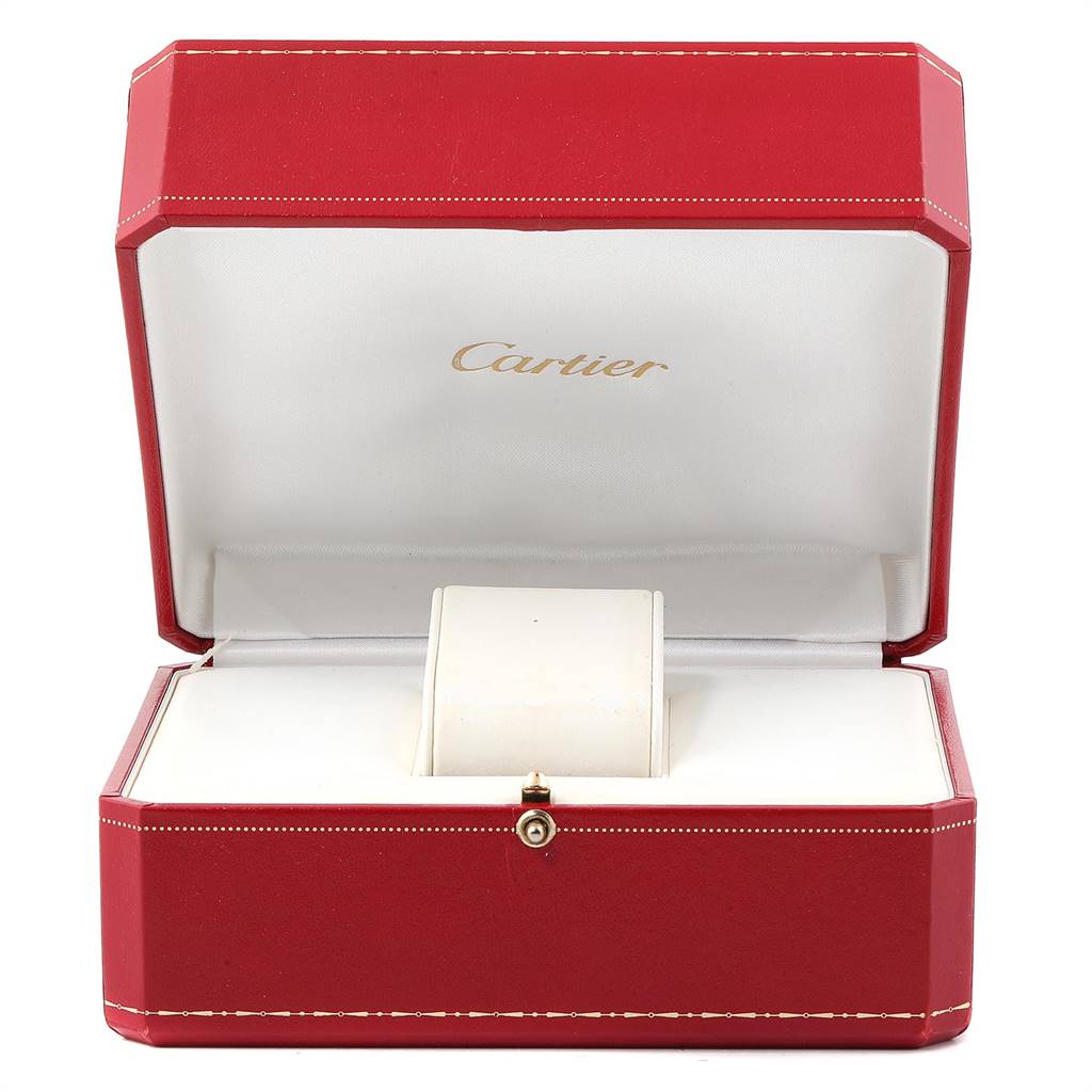 This image shows an open Cartier watch box, typically for the Tank Francaise model, with the interior cushion visible.