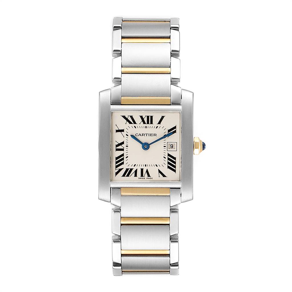 The image shows a frontal view of a Cartier Tank Francaise W51012Q4 Women's Steel and Gold (two tone) Silver Dial W51012Q4 Women's Steel and Gold (two tone) Silver Dial watch, displaying its face, bezel, crown, and bracelet.