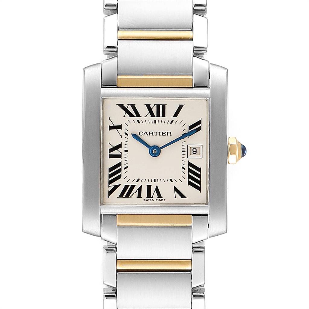 The image shows a front angle view of the Cartier Tank Francaise W51012Q4 Women's Steel and Gold (two tone) Silver Dial W51012Q4 Women's Steel and Gold (two tone) Silver Dial watch, highlighting its face, bracelet, and crown.