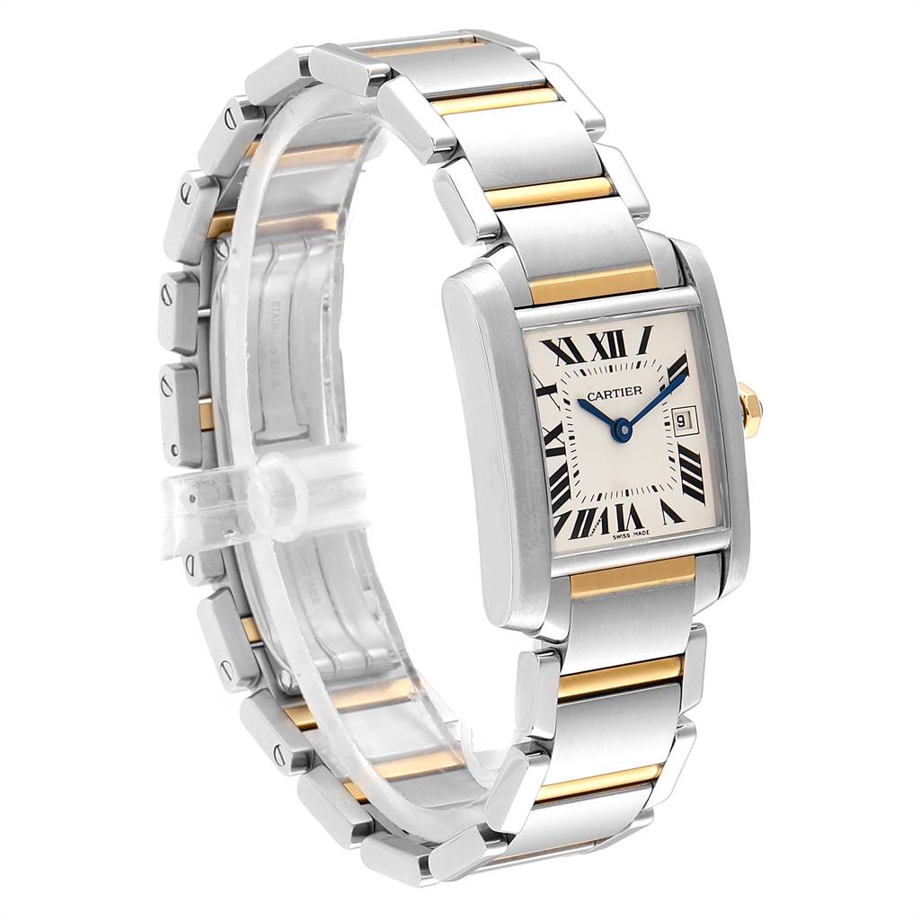 The image shows a Cartier Tank Francaise W51012Q4 Women's Steel and Gold (two tone) Silver Dial W51012Q4 Women's Steel and Gold (two tone) Silver Dial watch at a three-quarter angle, highlighting its rectangular face, bracelet, and clasp.