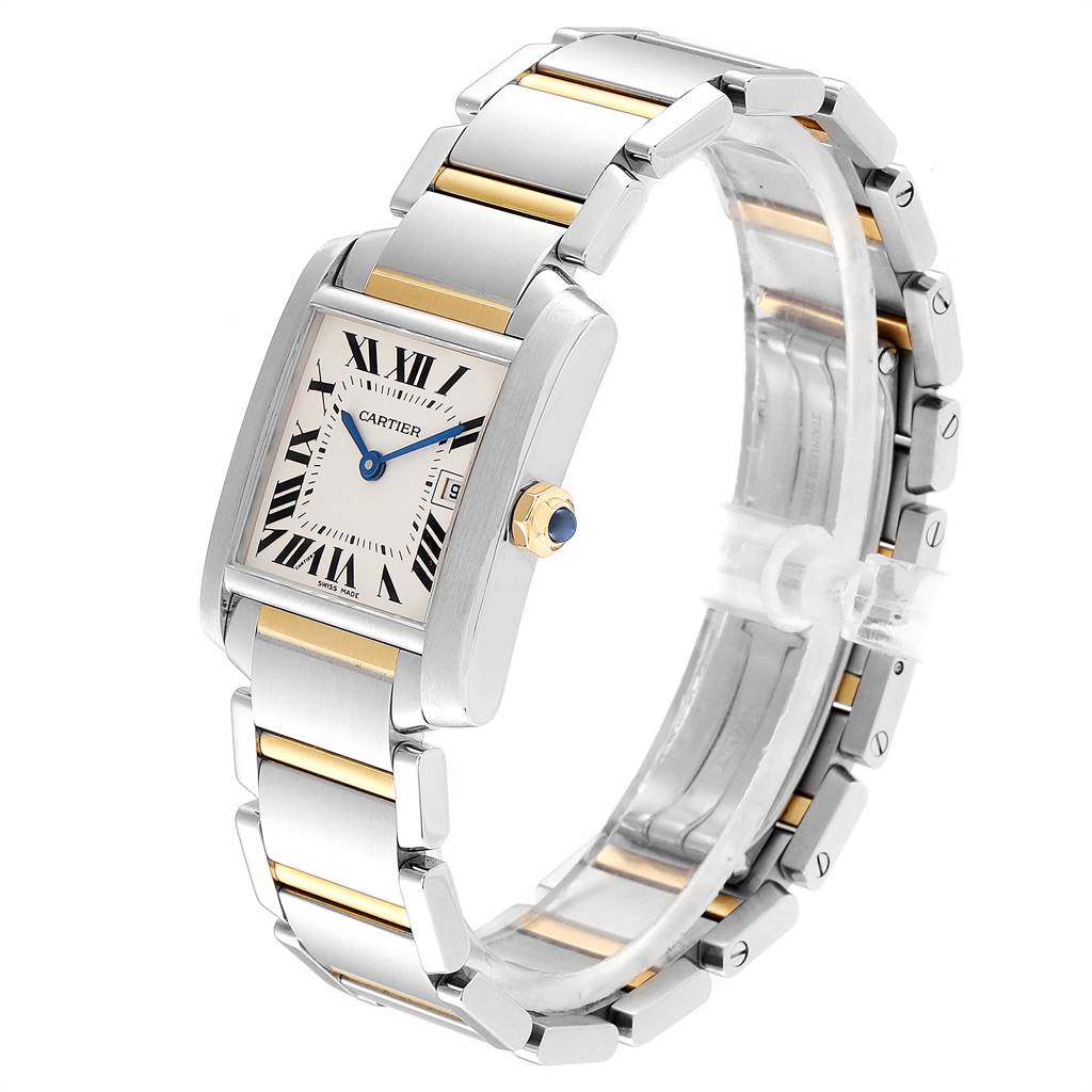 The Cartier Tank Francaise W51012Q4 Women's Steel and Gold (two tone) Silver Dial W51012Q4 Women's Steel and Gold (two tone) Silver Dial watch is shown from an angled side view, displaying the face, bracelet, and crown.
