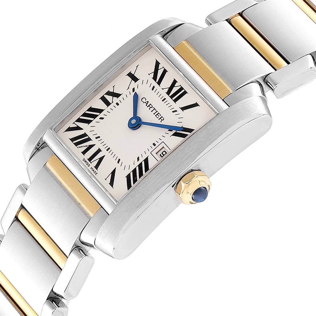 This image shows a close-up, angled view of the Tank Française watch by Cartier, highlighting the dial, bracelet, and crown.