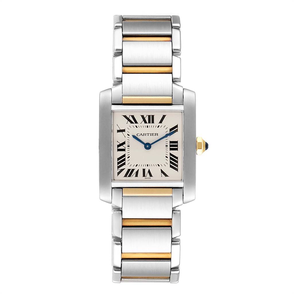 This image shows a frontal view of the Cartier Tank Française watch with a two-tone metal band and Roman numeral dial.