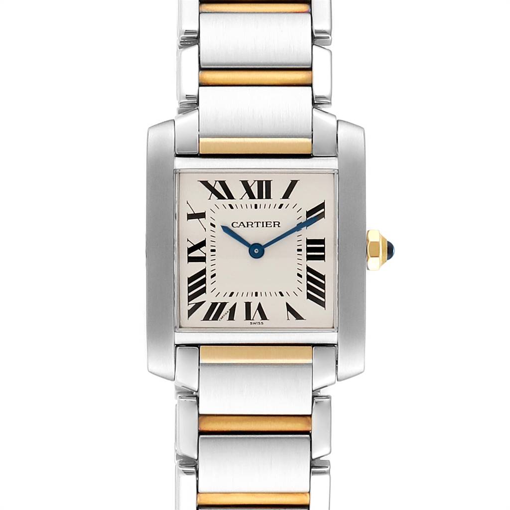 The image shows a frontal view of the Cartier Tank Française watch, highlighting its rectangular dial, Roman numeral markers, and metal bracelet with gold accents.