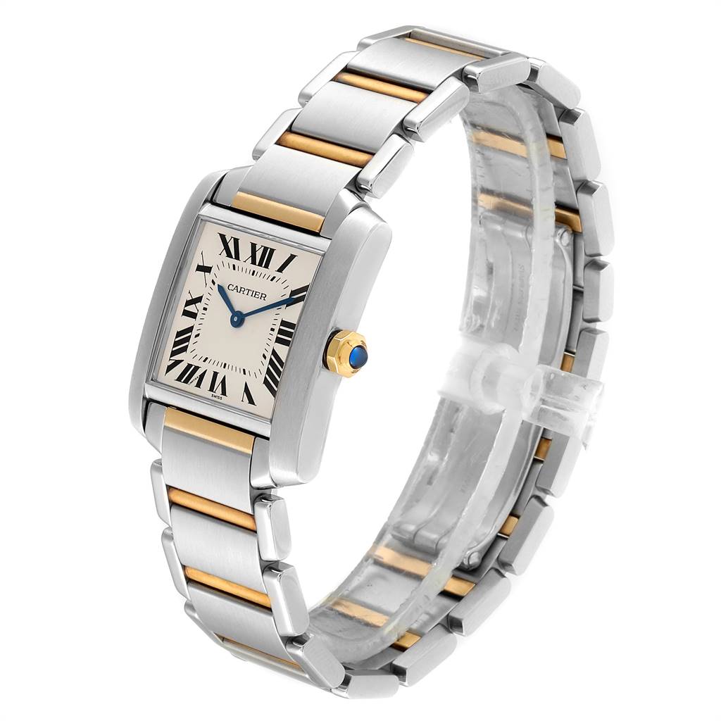 The image shows a Cartier Tank Francaise W2TA0003 Women's Steel and Gold (two tone) Silver Dial W2TA0003 Women's Steel and Gold (two tone) Silver Dial watch at a slight angle displaying the face and the two-tone metal bracelet.