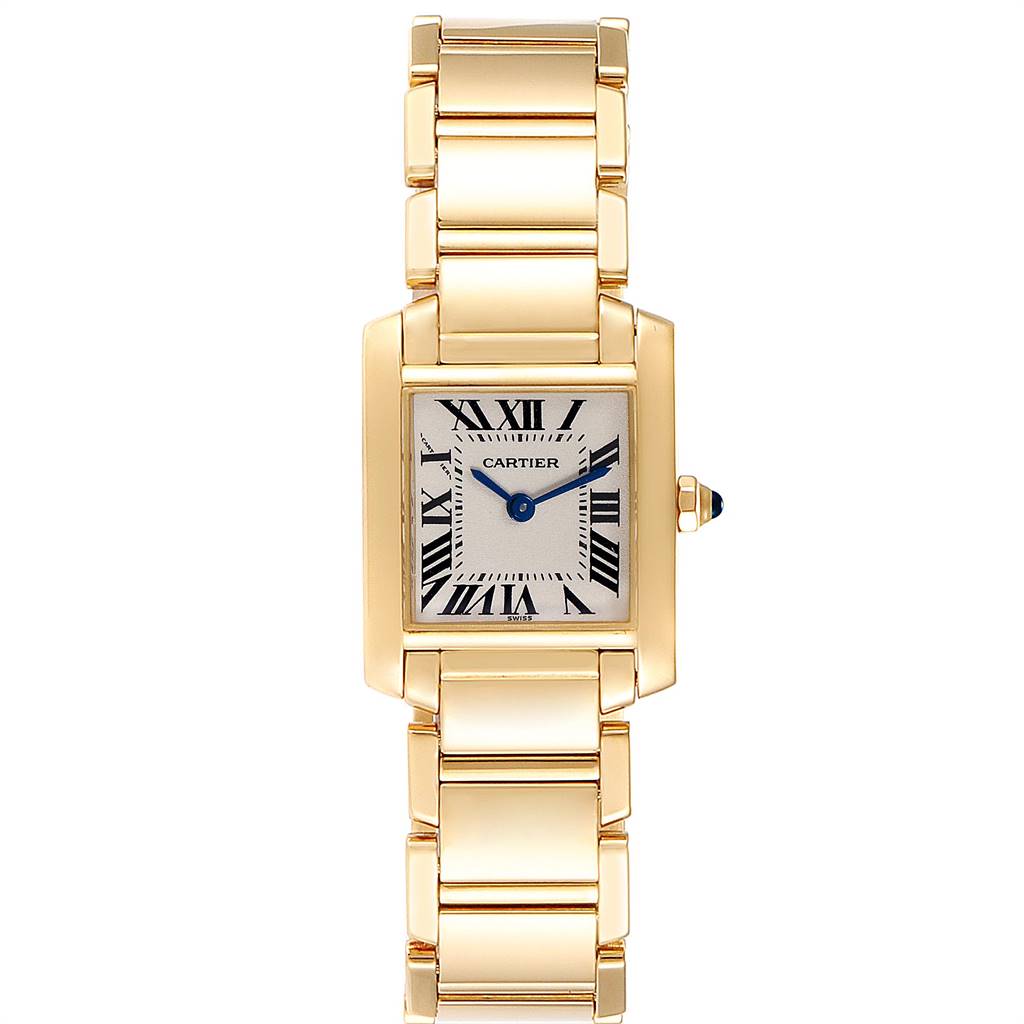 The image shows a front view of the Cartier Tank Française watch, highlighting the case, bracelet, dial, and crown.