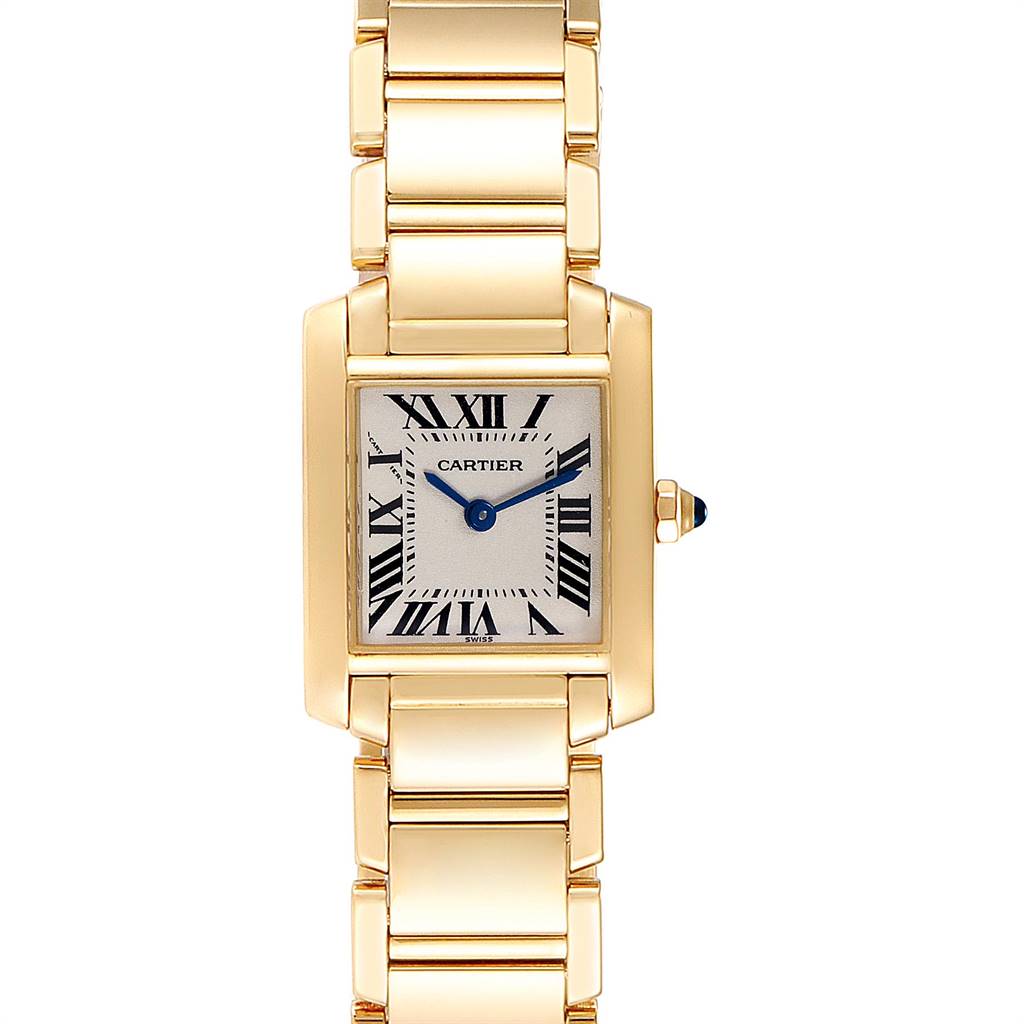 The Cartier Tank Francaise W50002N2 Women's Yellow Gold Silver Dial W50002N2 Women's Yellow Gold Silver Dial watch is shown from a front angle, displaying its dial, case, and bracelet.