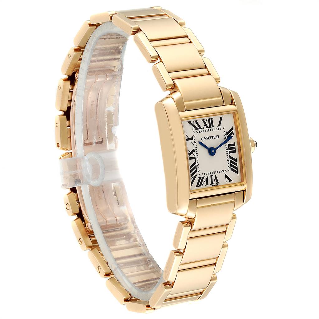 The Cartier Tank Francaise W50002N2 Women's Yellow Gold Silver Dial W50002N2 Women's Yellow Gold Silver Dial watch is shown at an angled side view, displaying its rectangular face, bracelet, and clasp detail.