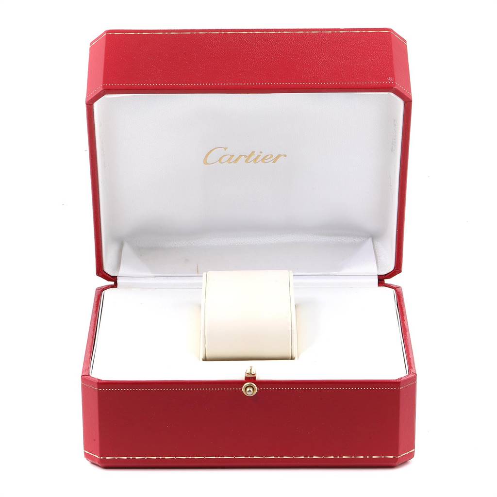The image shows an open red watch box for a Cartier Tank Française model, displaying the interior with a cushion.
