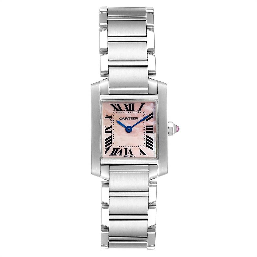 This image shows a head-on view of the Cartier Tank Francaise W51028Q3 Women
s Stainless Steel Mother of Pearl Dial W51028Q3 Women
s Stainless Steel Mother of Pearl Dial watch, displaying its rectangular face and metal bracelet.