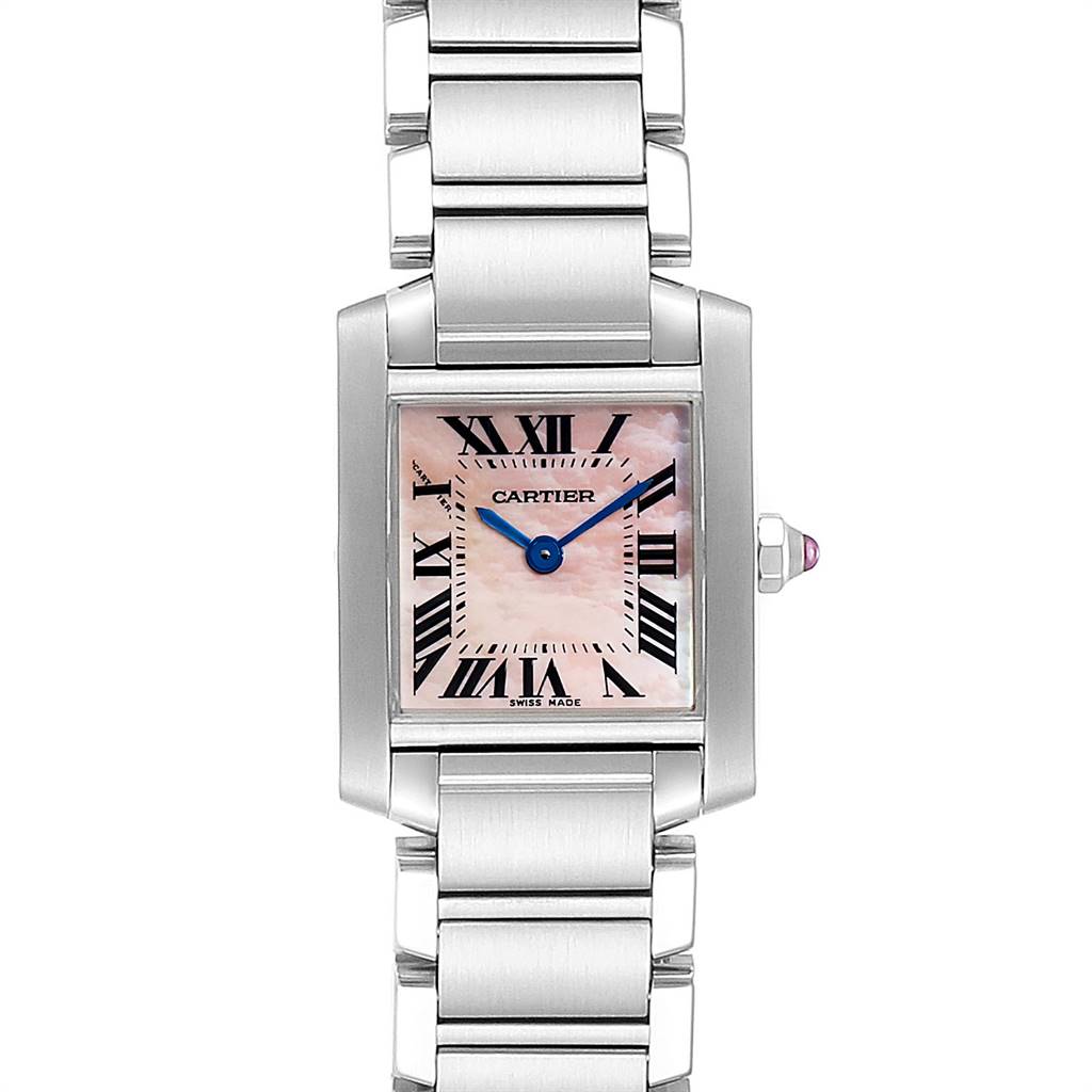 The image shows a front view of the Cartier Tank Francaise W51028Q3 Women
s Stainless Steel Mother of Pearl Dial W51028Q3 Women
s Stainless Steel Mother of Pearl Dial watch with its full bracelet and face visible.