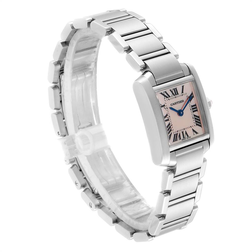 The image shows a Cartier Tank Francaise W51028Q3 Women
s Stainless Steel Mother of Pearl Dial W51028Q3 Women
s Stainless Steel Mother of Pearl Dial watch at an angled side view, highlighting its rectangular face and metal link bracelet.