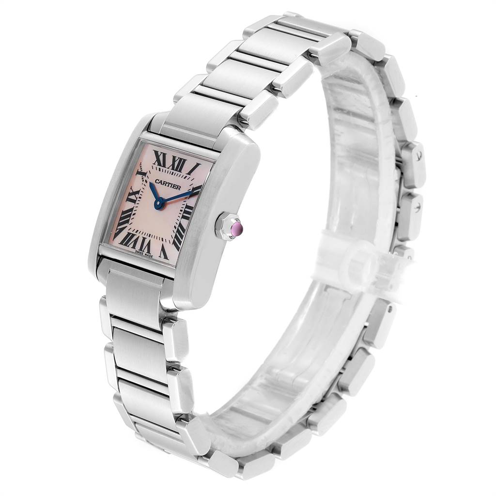 The image shows the Cartier Tank Française watch angled to display the face, crown, and bracelet.