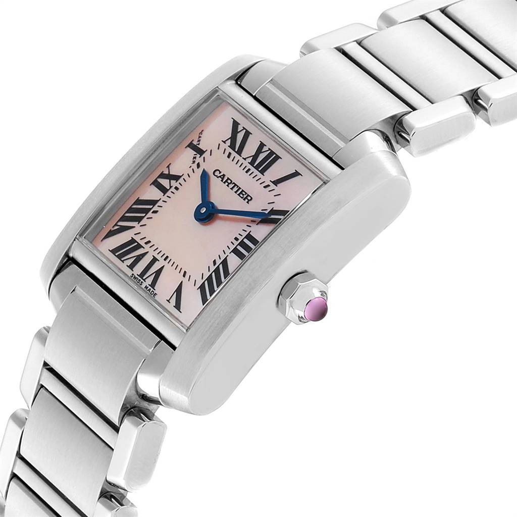 This image shows a Cartier Tank Française watch at an angled view, highlighting its face, Roman numeral dial, side crown, and metal bracelet.