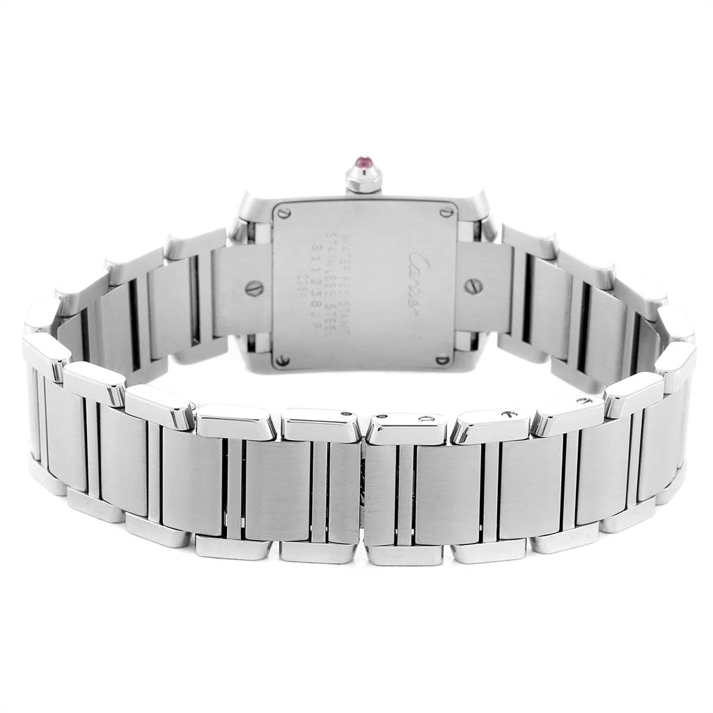 The image shows the back view of a Cartier Tank Francaise W51028Q3 Women
s Stainless Steel Mother of Pearl Dial W51028Q3 Women
s Stainless Steel Mother of Pearl Dial watch, focusing on the case back and stainless steel bracelet.