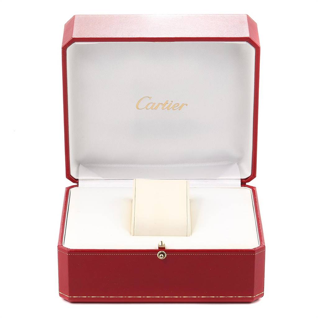 The image shows an open Cartier box for the Tank Francaise model, showcasing the inner pillow where the watch would be placed.
