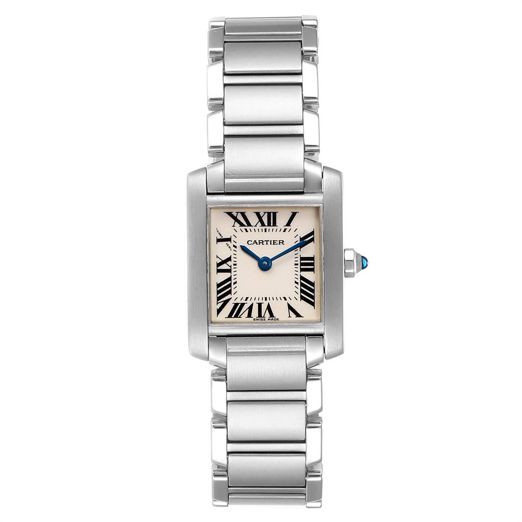 The image shows a frontal view of the Cartier Tank Française watch, displaying its face and metal bracelet.