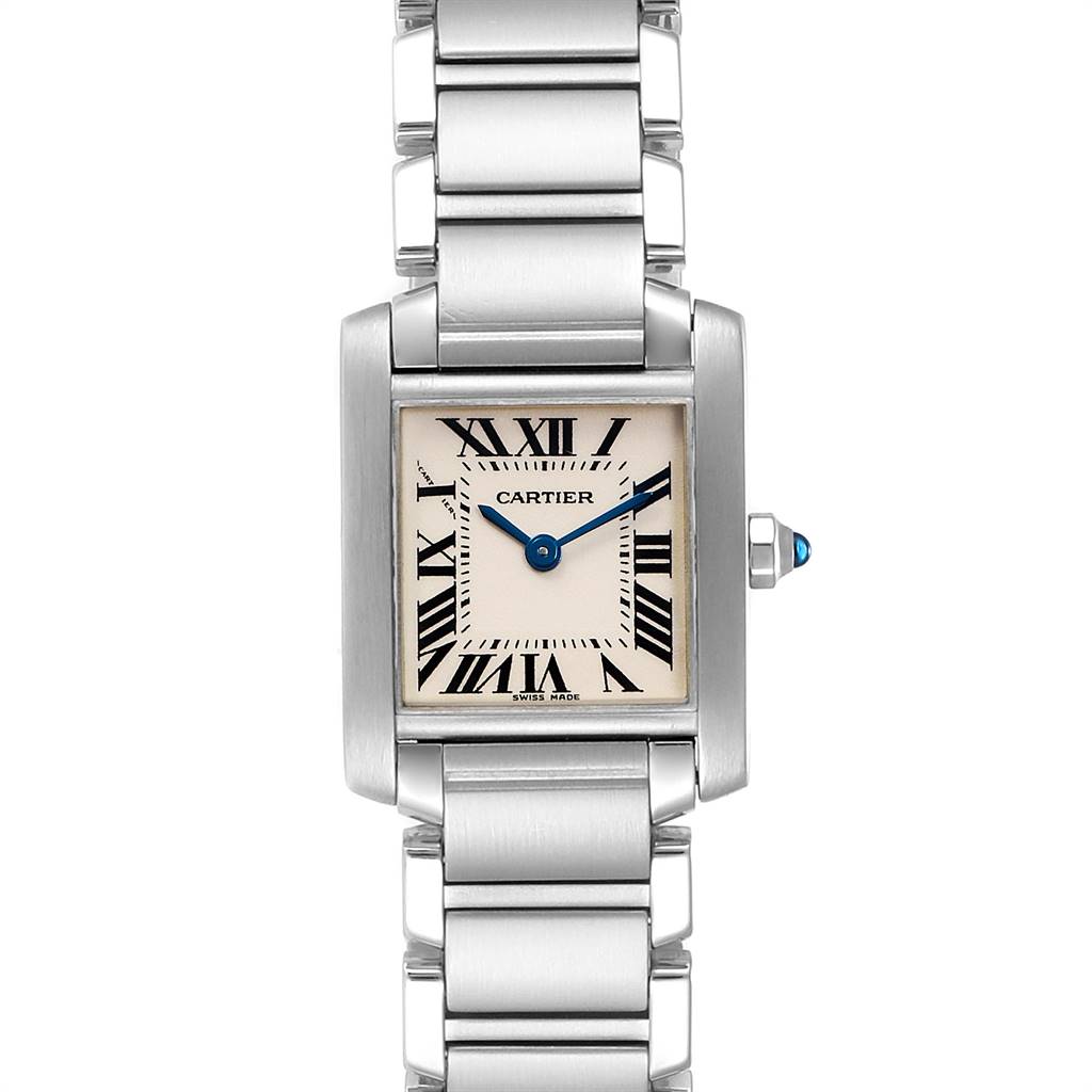 This is a front view of the Cartier Tank Francaise W51008Q3 Women
s Stainless Steel Silver Dial W51008Q3 Women
s Stainless Steel Silver Dial watch, showing the face, bracelet, and crown with a blue cabochon detail.