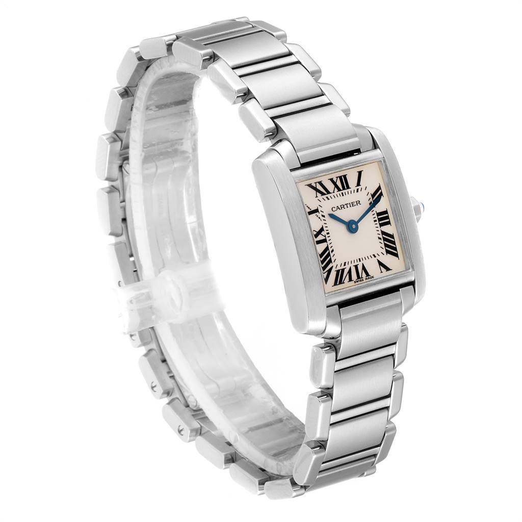 The Cartier Tank Francaise W51008Q3 Women
s Stainless Steel Silver Dial W51008Q3 Women
s Stainless Steel Silver Dial watch is shown at a slight angle, displaying its rectangular dial, Roman numerals, and stainless steel bracelet.