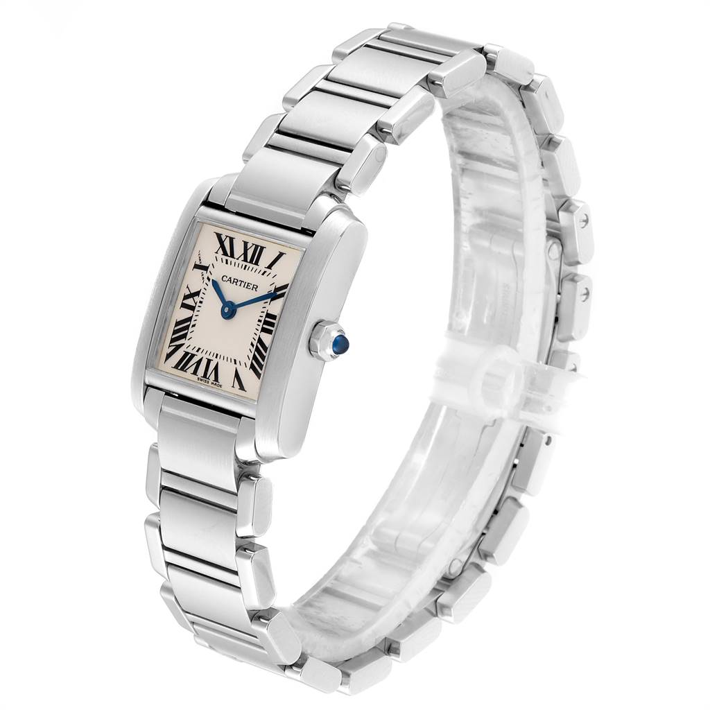 The Cartier Tank Française watch is shown at an angled view, displaying the face, bracelet, and crown.