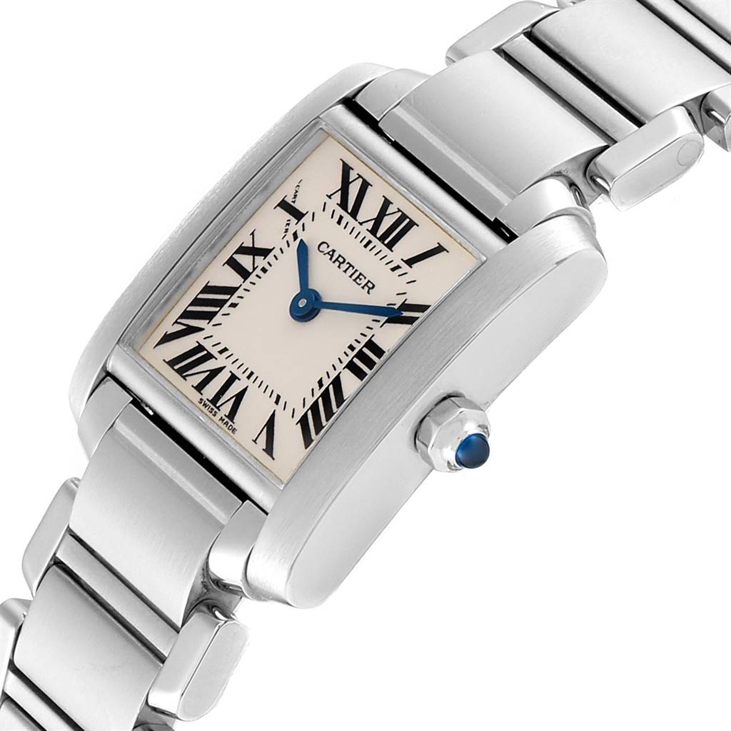 The image shows a Cartier Tank Francaise W51008Q3 Women
s Stainless Steel Silver Dial W51008Q3 Women
s Stainless Steel Silver Dial watch at an angled close-up, highlighting its face, crown, and part of the bracelet.