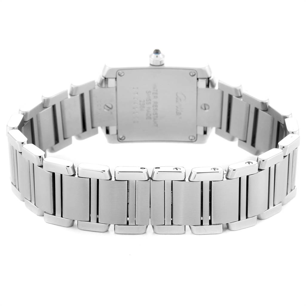 This image shows the back casing and bracelet of the Cartier Tank Francaise W51008Q3 Women
s Stainless Steel Silver Dial W51008Q3 Women
s Stainless Steel Silver Dial watch from a rear angle.