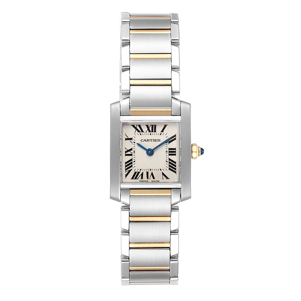 This image shows a frontal view of the Cartier Tank Française watch, highlighting its rectangular dial and bi-metal bracelet.