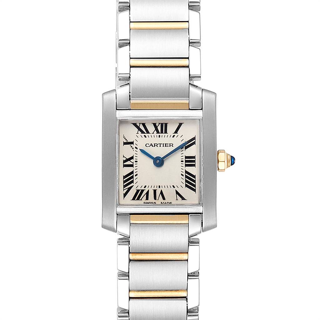 The Cartier Tank Française watch is shown from a front angle, displaying its rectangular face and two-tone metal bracelet.