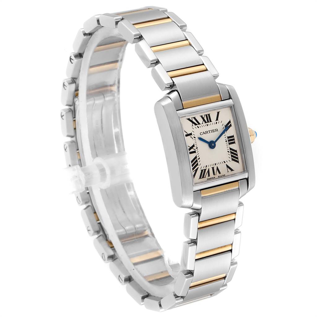 The image shows a side angle of a Cartier Tank Francaise W51007Q4 Women's Steel and Gold (two tone) Silver Dial W51007Q4 Women's Steel and Gold (two tone) Silver Dial watch, highlighting its rectangular face and linked bracelet.