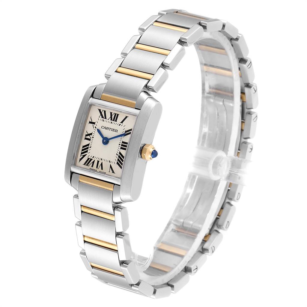 This Tank Francaise model by Cartier is shown at a three-quarter angle, displaying the face, crown, and two-tone bracelet.