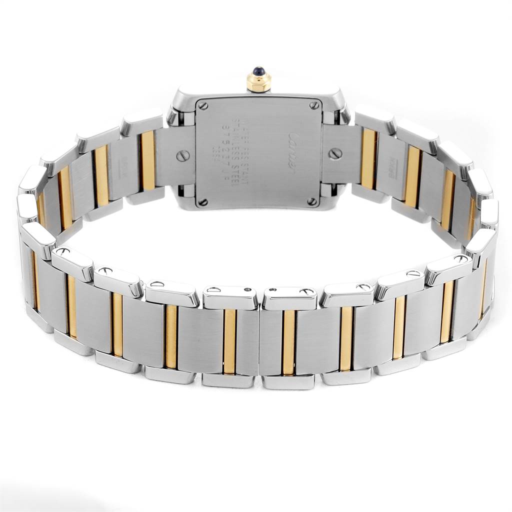 The image shows the back and bracelet of the Cartier Tank Francaise W51007Q4 Women's Steel and Gold (two tone) Silver Dial W51007Q4 Women's Steel and Gold (two tone) Silver Dial watch, highlighting its two-tone metal design.