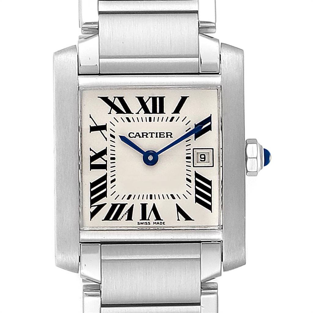 The image shows a front view of the Cartier Tank Francaise W51011Q3 Women
s Stainless Steel Silver Dial W51011Q3 Women
s Stainless Steel Silver Dial watch, displaying its face, bezel, and part of the bracelet.