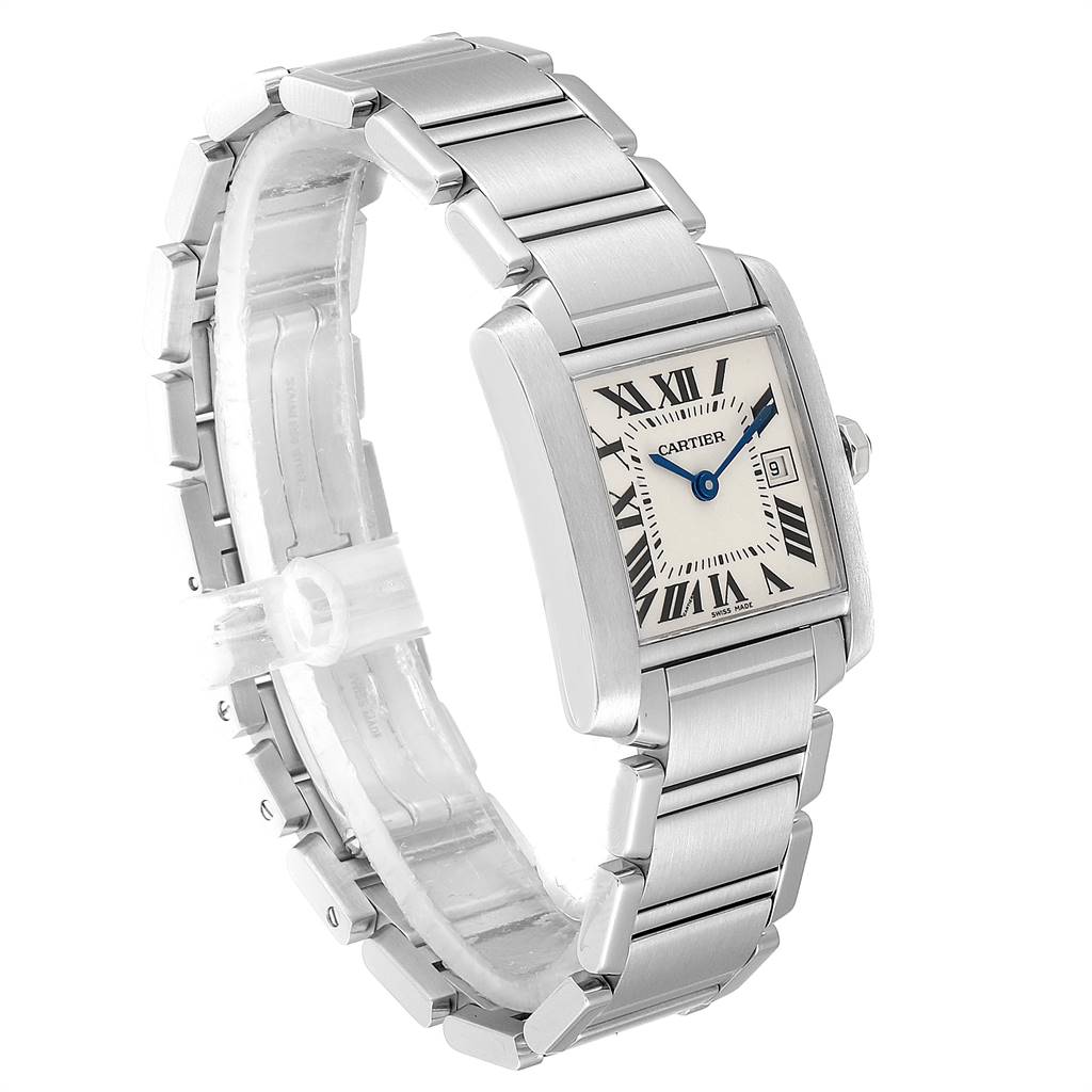 The image shows a side and front angle of a Cartier Tank Francaise W51011Q3 Women
s Stainless Steel Silver Dial W51011Q3 Women
s Stainless Steel Silver Dial watch, highlighting its stainless steel bracelet and rectangular face.