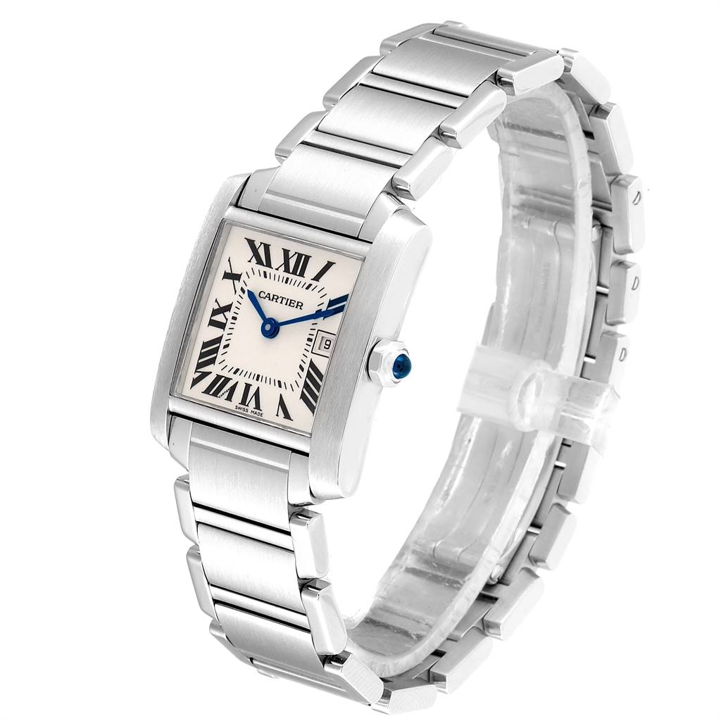The Cartier Tank Francaise W51011Q3 Women
s Stainless Steel Silver Dial W51011Q3 Women
s Stainless Steel Silver Dial watch is shown at a slight angle, highlighting its rectangular face and metal bracelet.