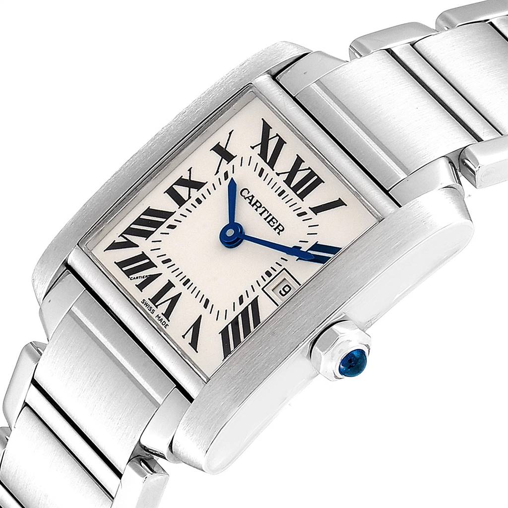 The image shows a close-up, angled view of the Cartier Tank Francaise W51011Q3 Women
s Stainless Steel Silver Dial W51011Q3 Women
s Stainless Steel Silver Dial watch, displaying the dial, bezel, crown, and part of the bracelet.