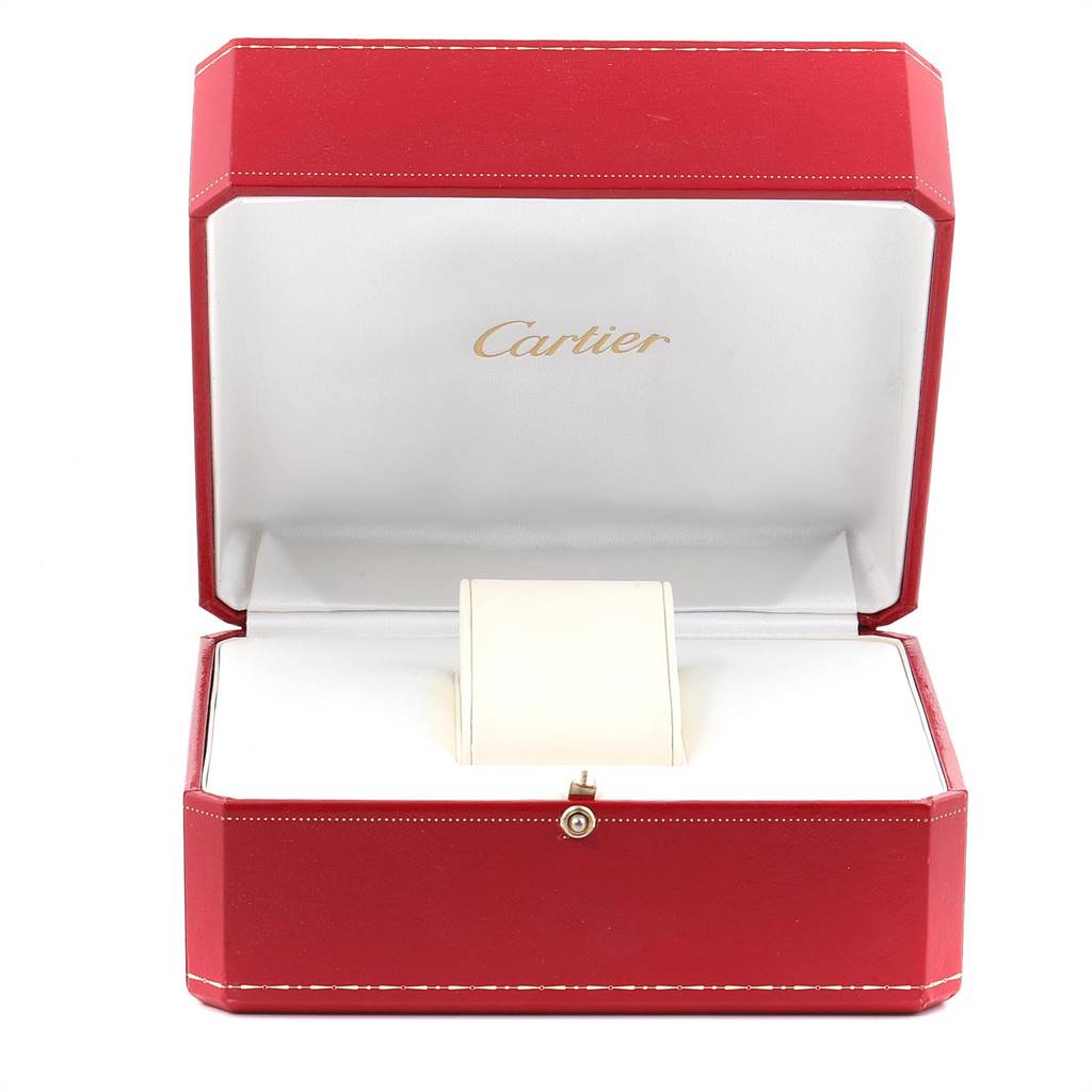 This image shows an open Cartier watch box for the Tank Française model.