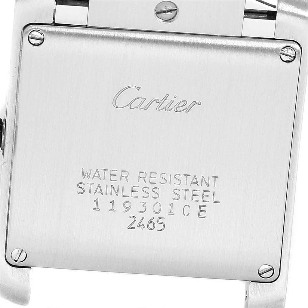 This image shows the stainless steel back case of a Tank Francaise watch by Cartier.