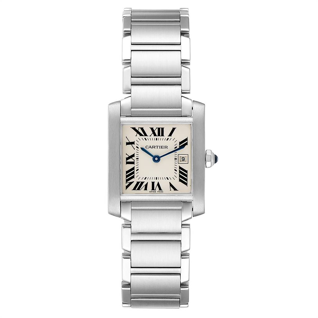 This image shows a front view of a Cartier Tank Francaise W51011Q3 Women
s Stainless Steel Silver Dial W51011Q3 Women
s Stainless Steel Silver Dial watch, highlighting the rectangular face and metal bracelet.