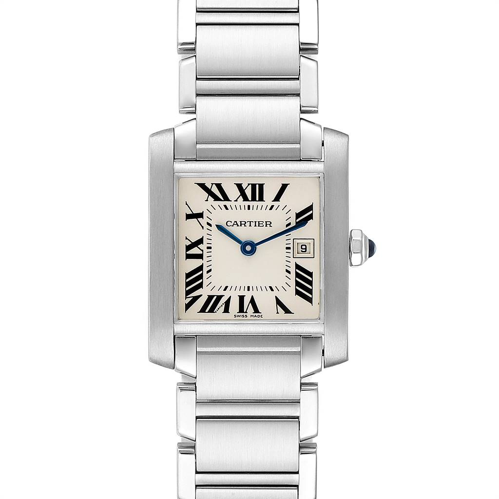 The image shows a Cartier Tank Francaise W51011Q3 Women
s Stainless Steel Silver Dial W51011Q3 Women
s Stainless Steel Silver Dial watch from a front angle, highlighting its face, bezel, and bracelet.