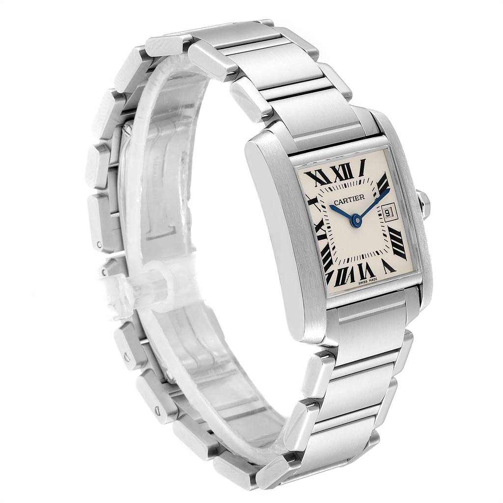 The Cartier Tank Francaise W51011Q3 Women
s Stainless Steel Silver Dial W51011Q3 Women
s Stainless Steel Silver Dial watch is shown at an angle highlighting the band and square dial with Roman numerals.