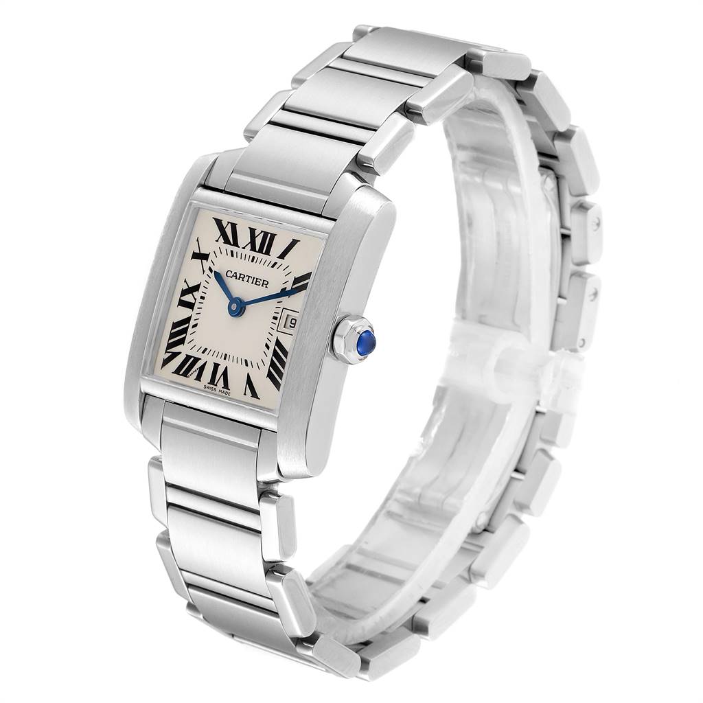 The image shows a side angle of a Cartier Tank Francaise W51011Q3 Women
s Stainless Steel Silver Dial W51011Q3 Women
s Stainless Steel Silver Dial watch featuring its rectangular face, bracelet, and crown with a blue cabochon.