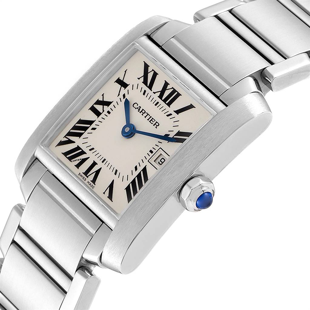 The image shows a close-up angled view of the Cartier Tank Française watch, highlighting the face, crown, and part of the bracelet.