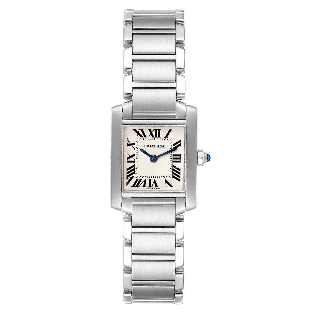 The image shows a Cartier Tank Française watch from a top view, highlighting the rectangular face, band, and blue sapphire crown.