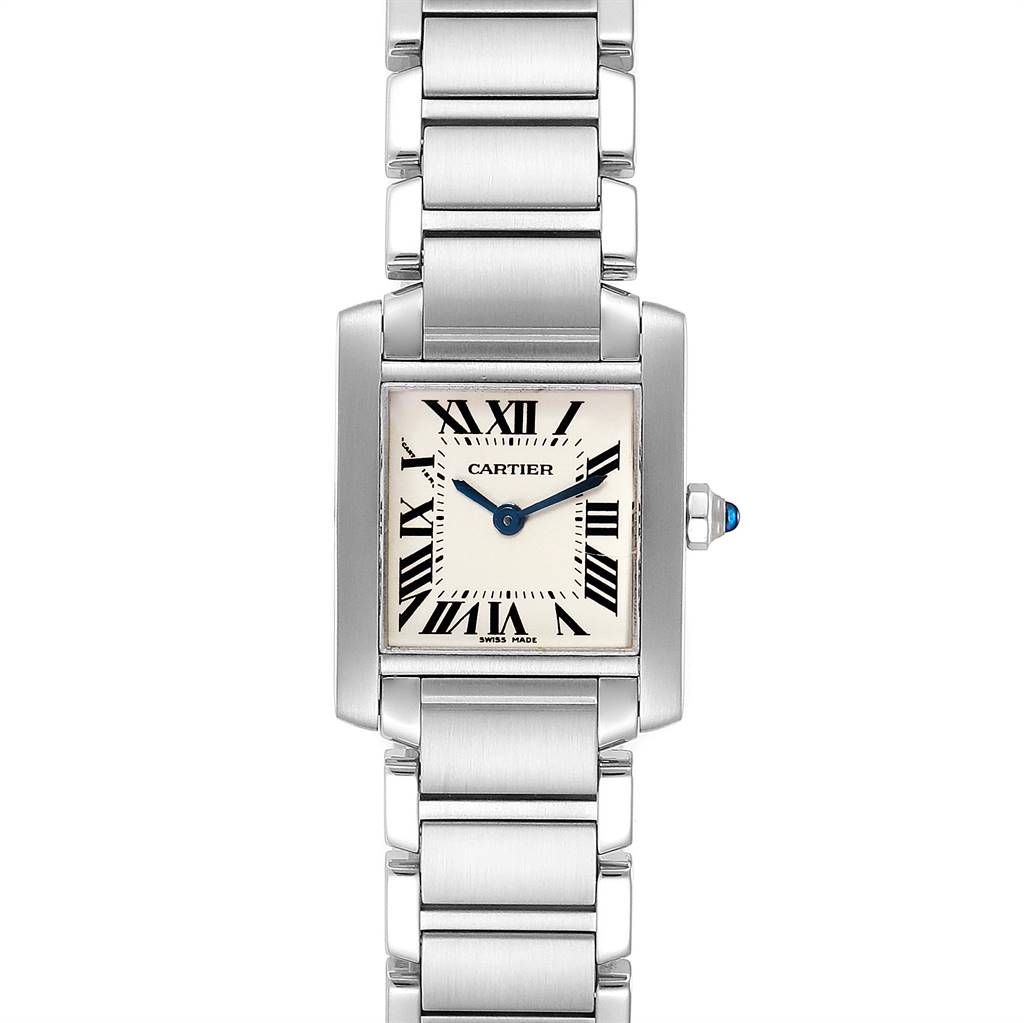 This image shows a front view of the Cartier Tank Française watch, highlighting its rectangular face and metal bracelet.