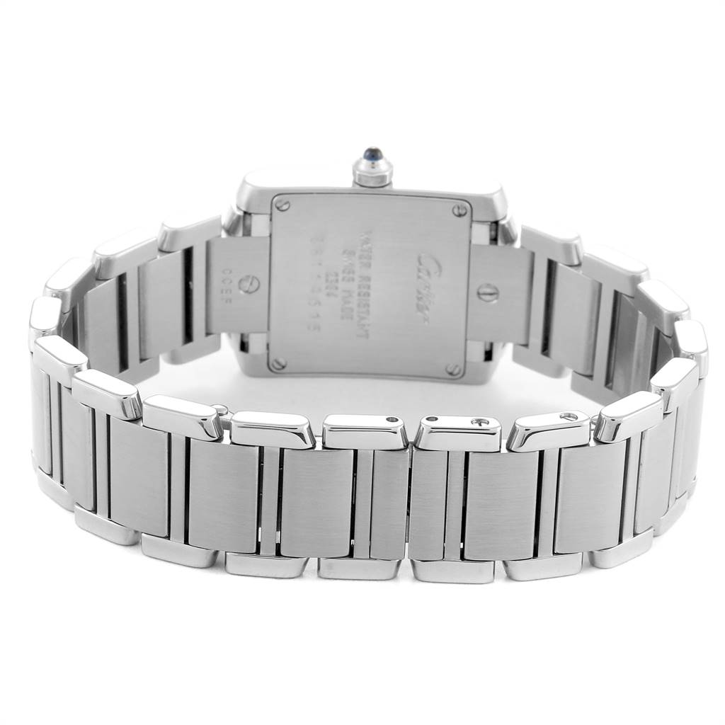The image shows the back view of a Cartier Tank Francaise W51008Q3 Women
s Stainless Steel Silver Dial W51008Q3 Women
s Stainless Steel Silver Dial watch, highlighting its stainless steel bracelet and case back.